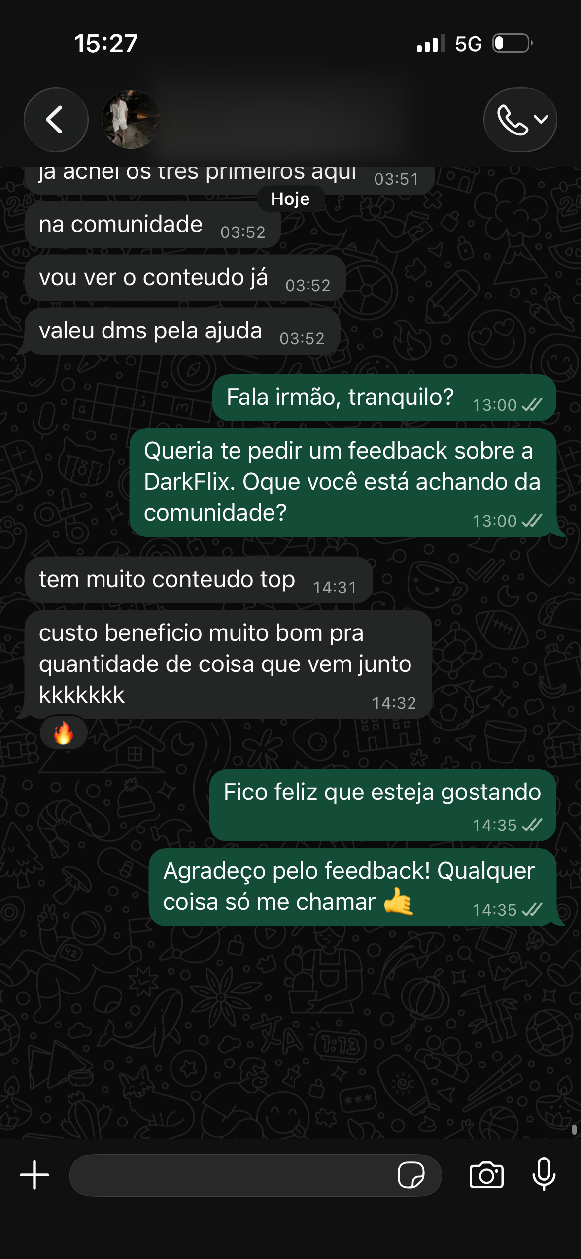 Depoimento 3 de um membro da DarkFlix no WhatsApp